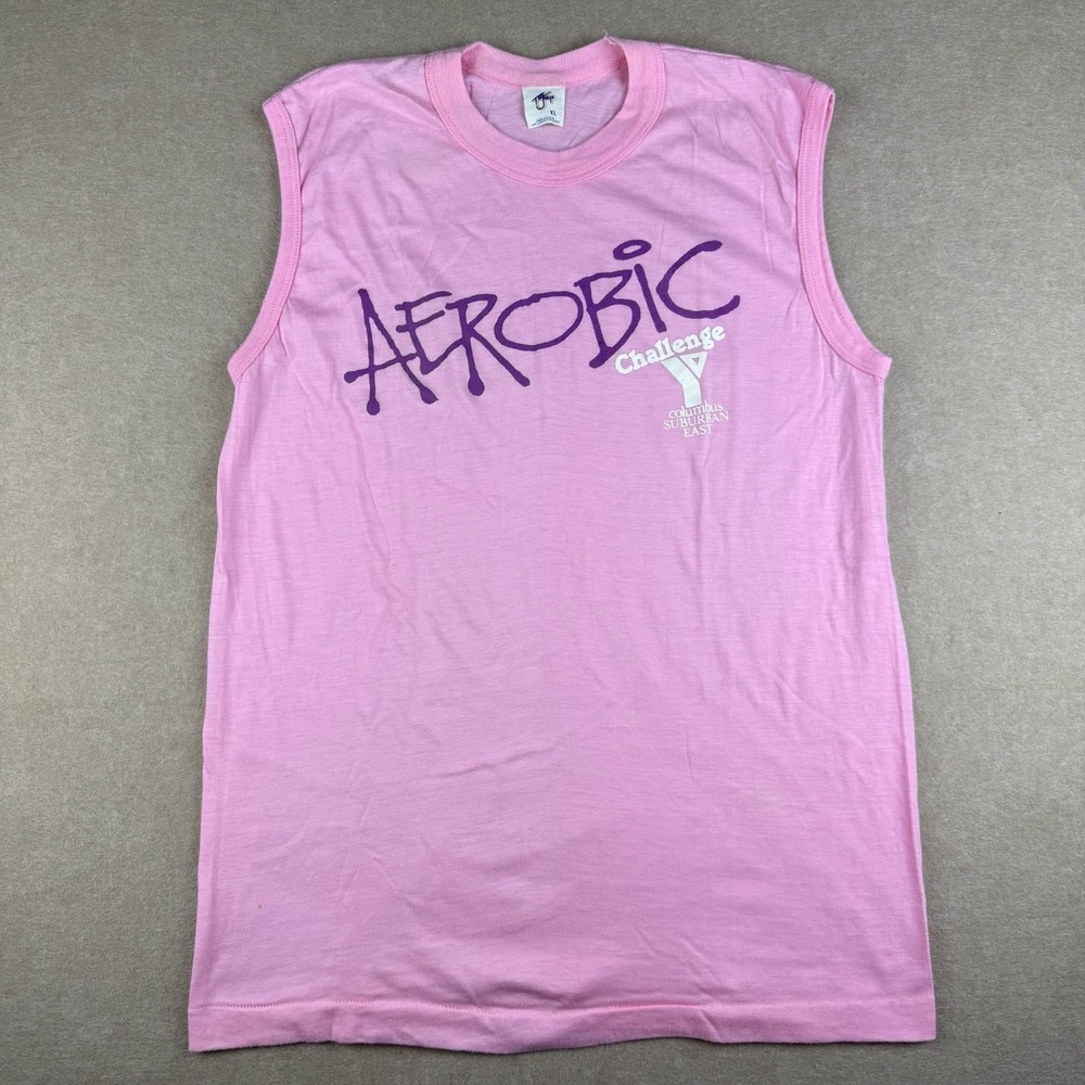 Vintage 80s/90s Aerobic Challenge Tank Top XL Pink USA Fitness Gym Single Stitch